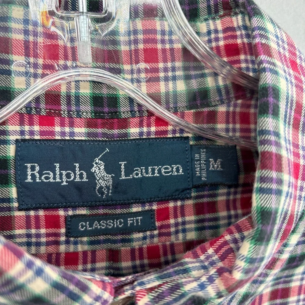 Ralph Lauren Shirt Mens Medium Red Green Plaid Button Down Tartan‎ Twill Vintage
